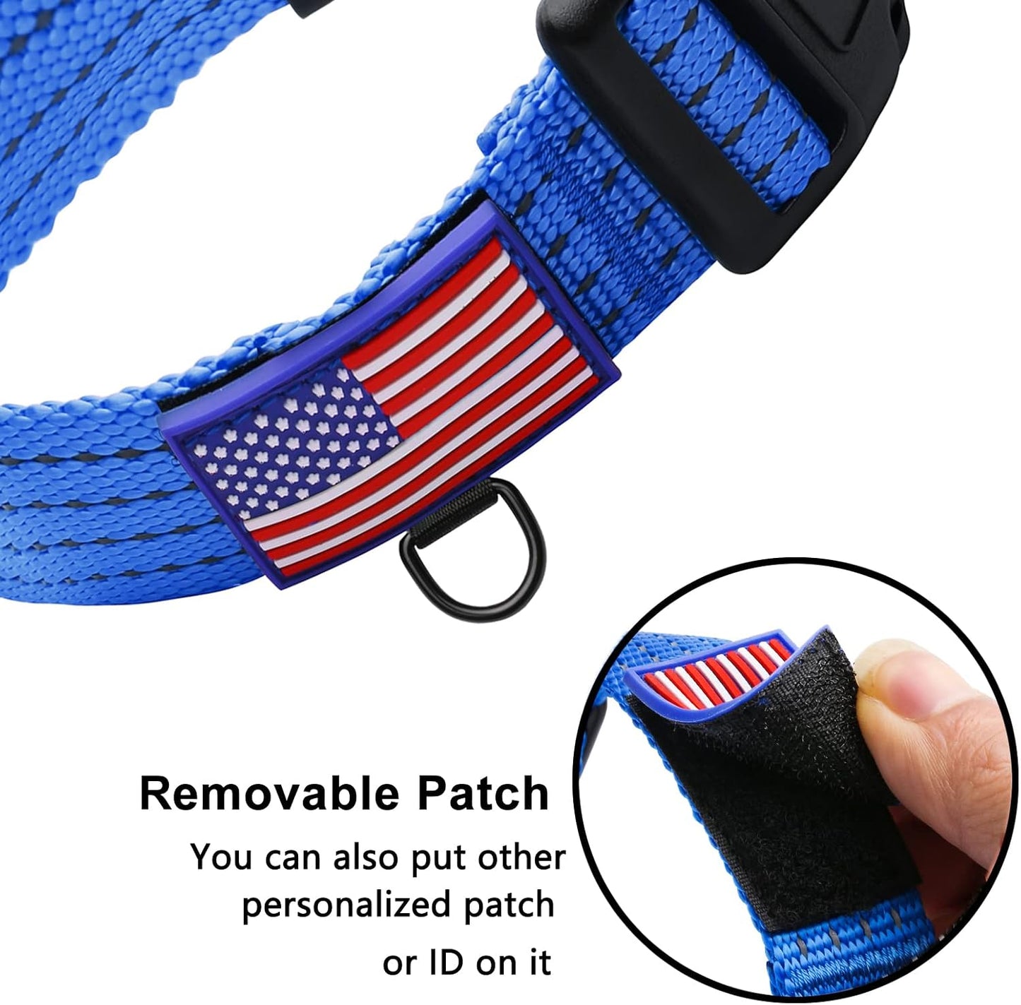 Adjustable nylon dog collar highlighting the authentic United States flag emblem.