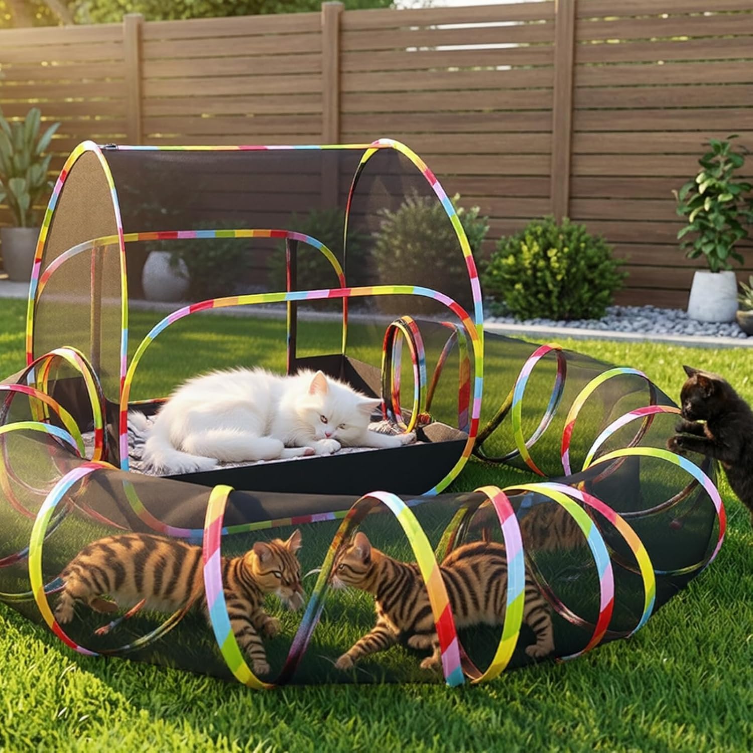 Naielfopet outdoor cat enclosure front view showing the pop up mesh tent on a backyard lawn