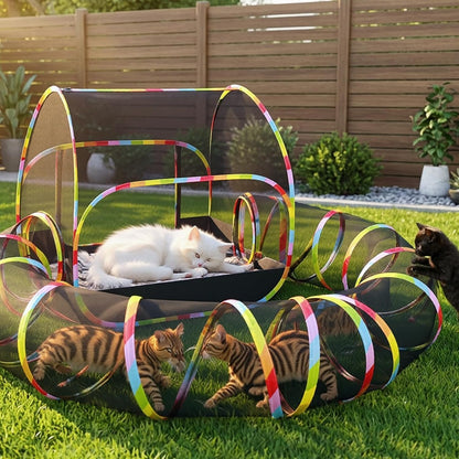 Naielfopet outdoor cat enclosure front view showing the pop up mesh tent on a backyard lawn