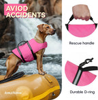 Small size pink dog swimming vest highlighting the wide reflective safety strips.
