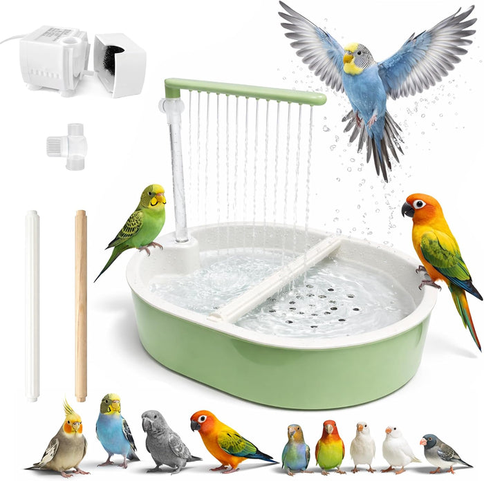 Indoor Bird Bath Fountain, Dual Rainfall Parrot Shower with Anti-Clog Pump & Filter Sponge, Adjustable Water Flow, Natural Beech Wood Perch, Bird Shower Spa for Parakeet, Cockatiel, Lovebird - Image 1
