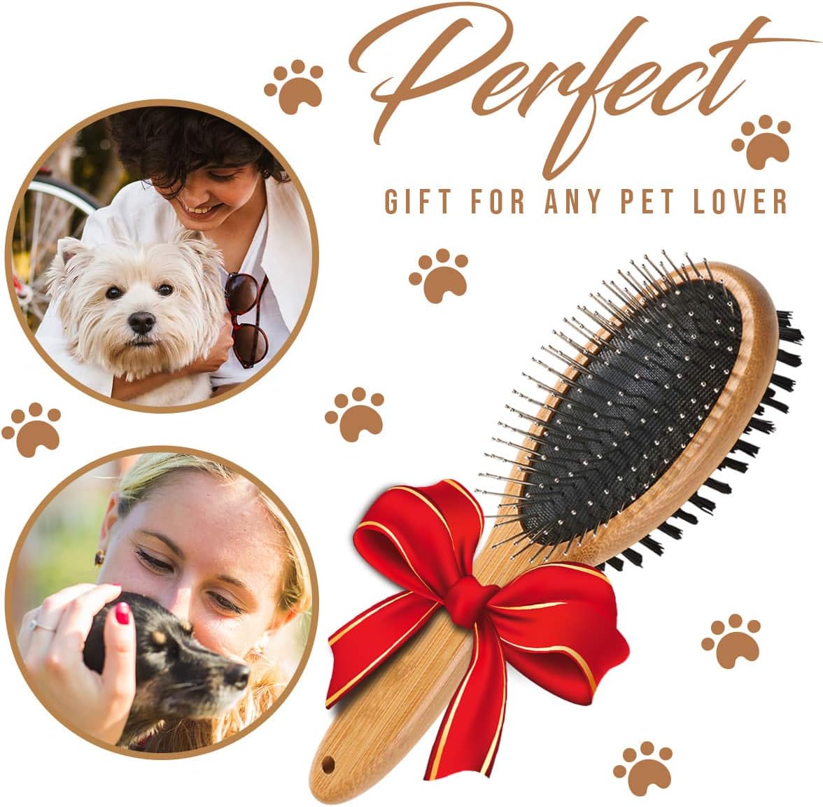 Bamboo handle pet slicker brush showing the protective rounded pin side