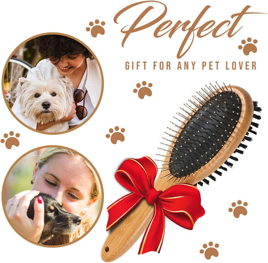 Bamboo handle pet slicker brush showing the protective rounded pin side