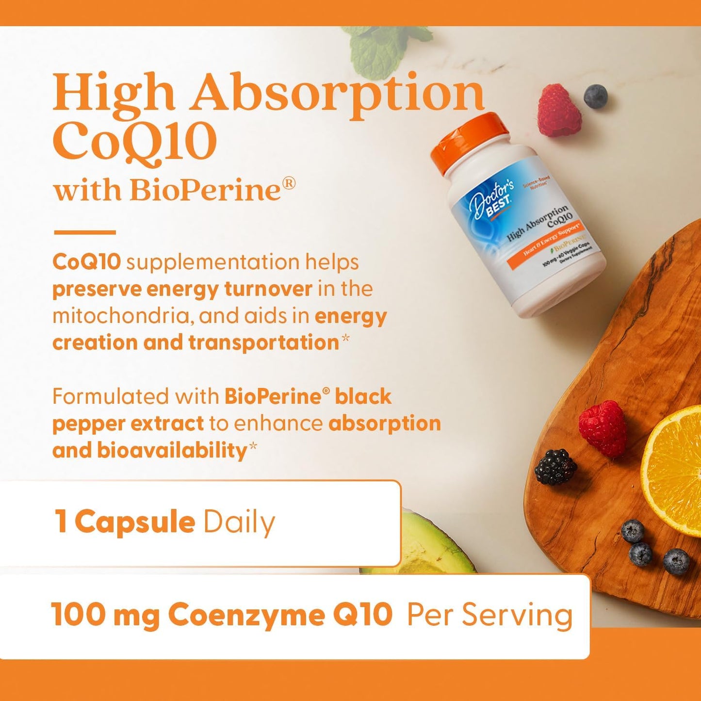 Non-GMO vegetarian Ubiquinone capsules container highlighting cardiovascular health features