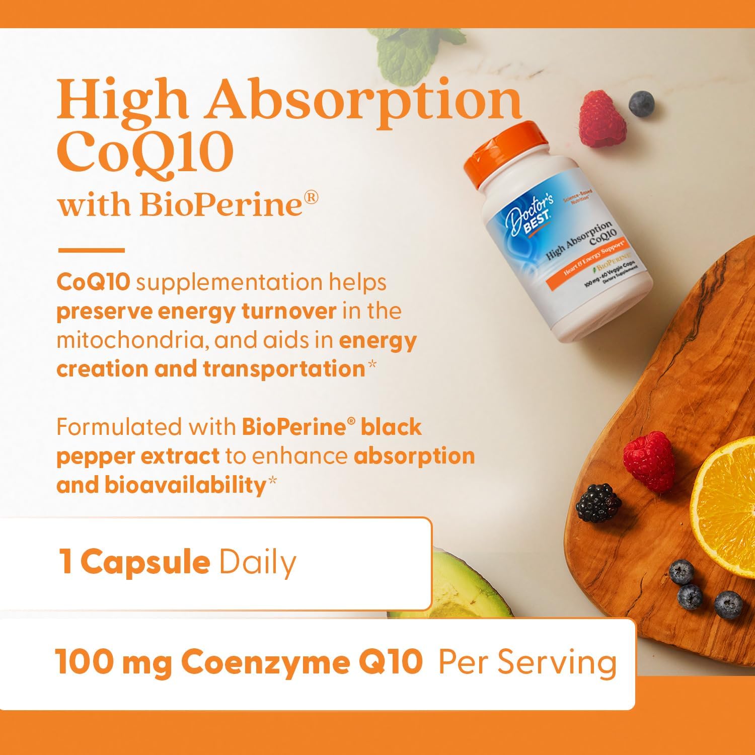 Non-GMO vegetarian Ubiquinone capsules container highlighting cardiovascular health features