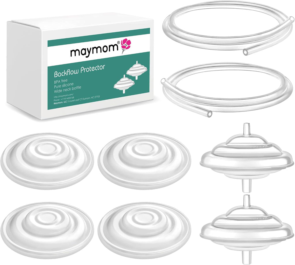 Maymom breast pump parts compatible with Spectra featuring front view of backflow protectors and tubing.