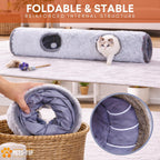 Pearl gray extra large cat tunnel extended on floor with multiple entrance points for active kittens.