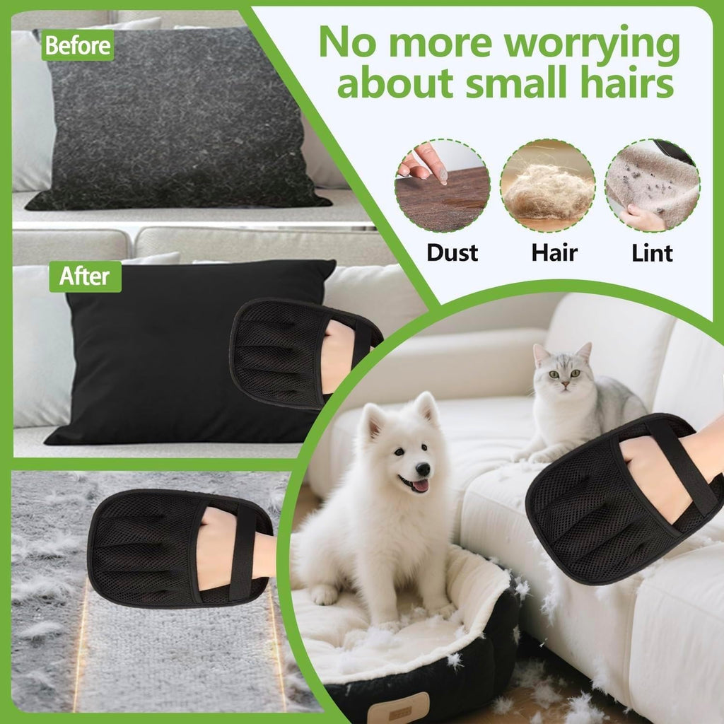 Reusable pet fur catcher mitt lifting dog hair from carpet rug