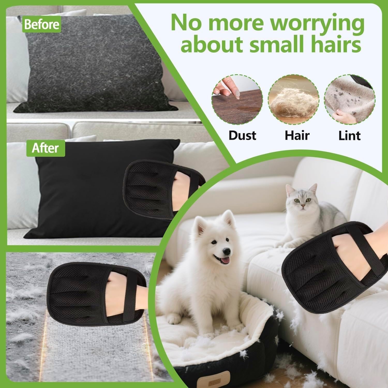 Reusable pet fur catcher mitt lifting dog hair from carpet rug