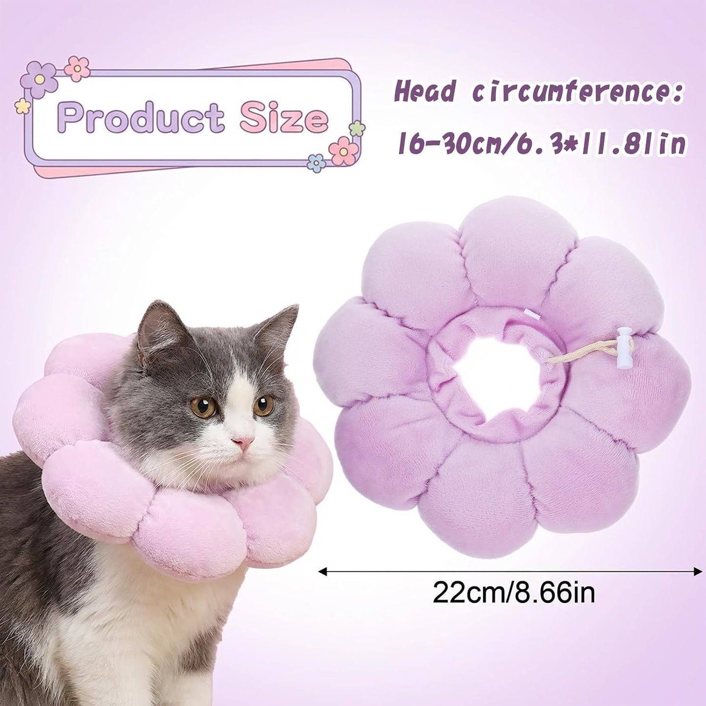 Side view of a cat wearing the adjustable purple flower recovery cone