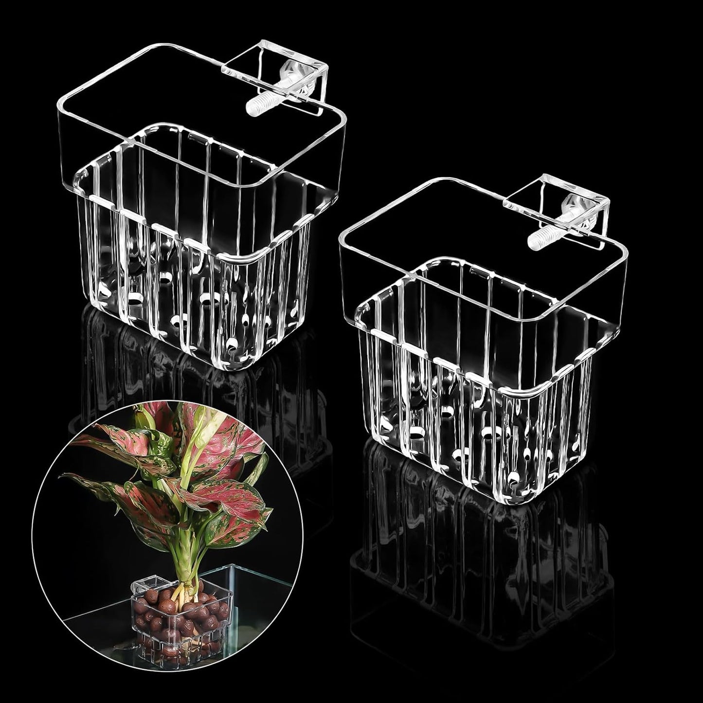 Roetelo clear aquarium plant holder front view hanging on an aquascaping fish tank edge