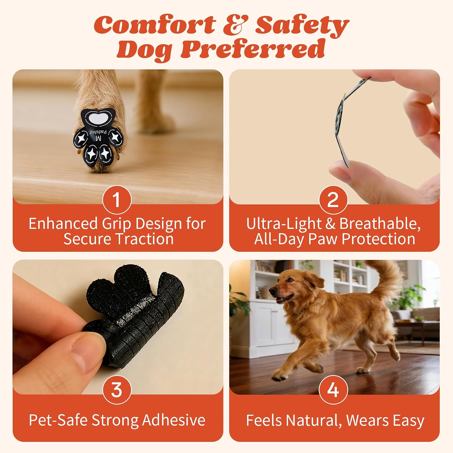 Adhesive paw grips applied to dog feet for stability