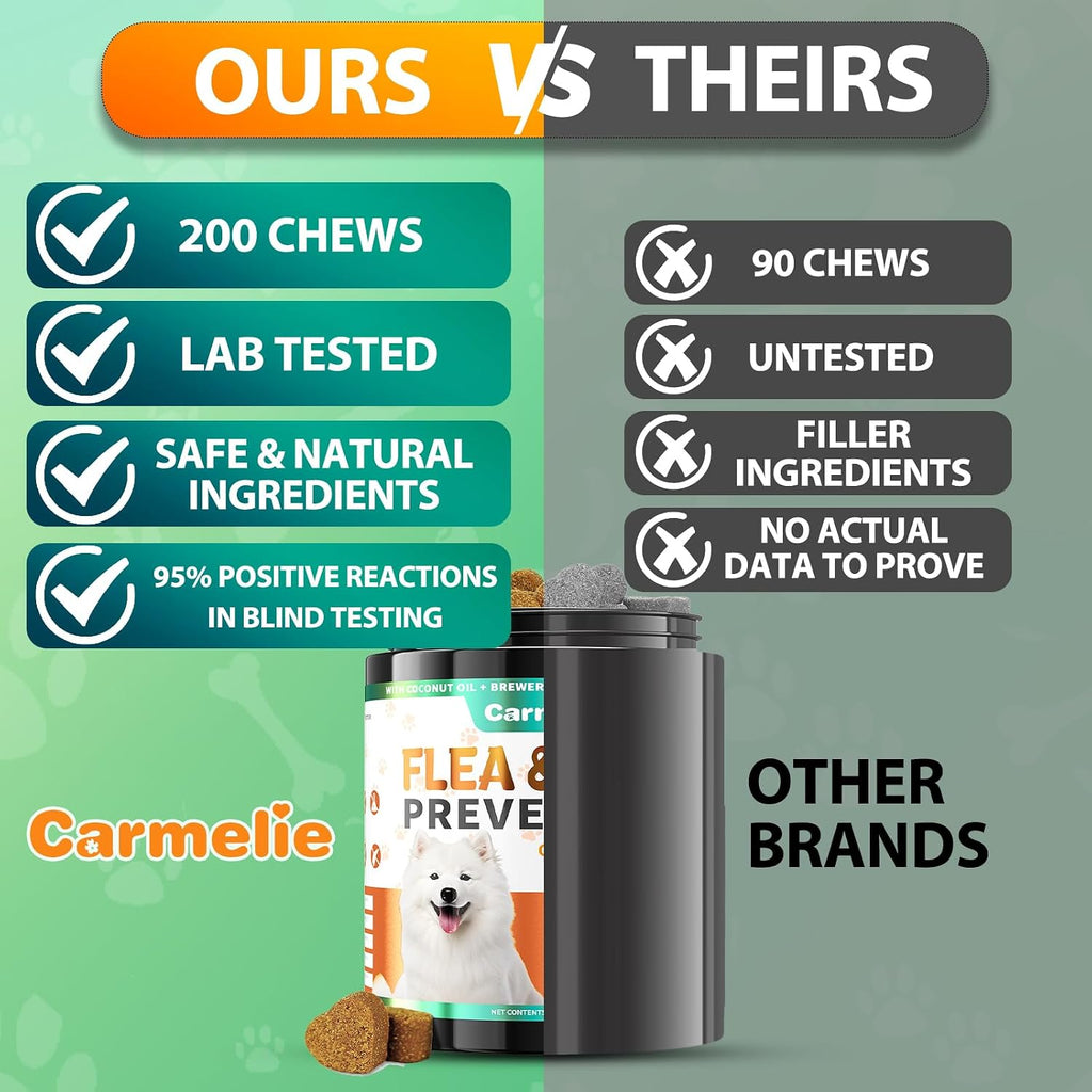 Carmelie puppy flea support oral treats displaying the authentic brand security seal and premium manufacturing standards