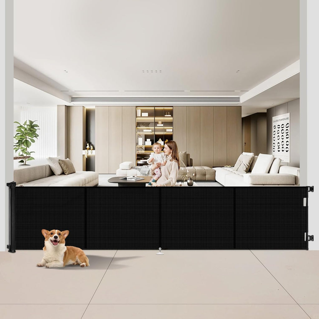 Miumoon retractable baby gate front view installed in a wide living room opening.