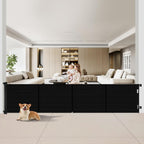 Miumoon retractable baby gate front view installed in a wide living room opening.