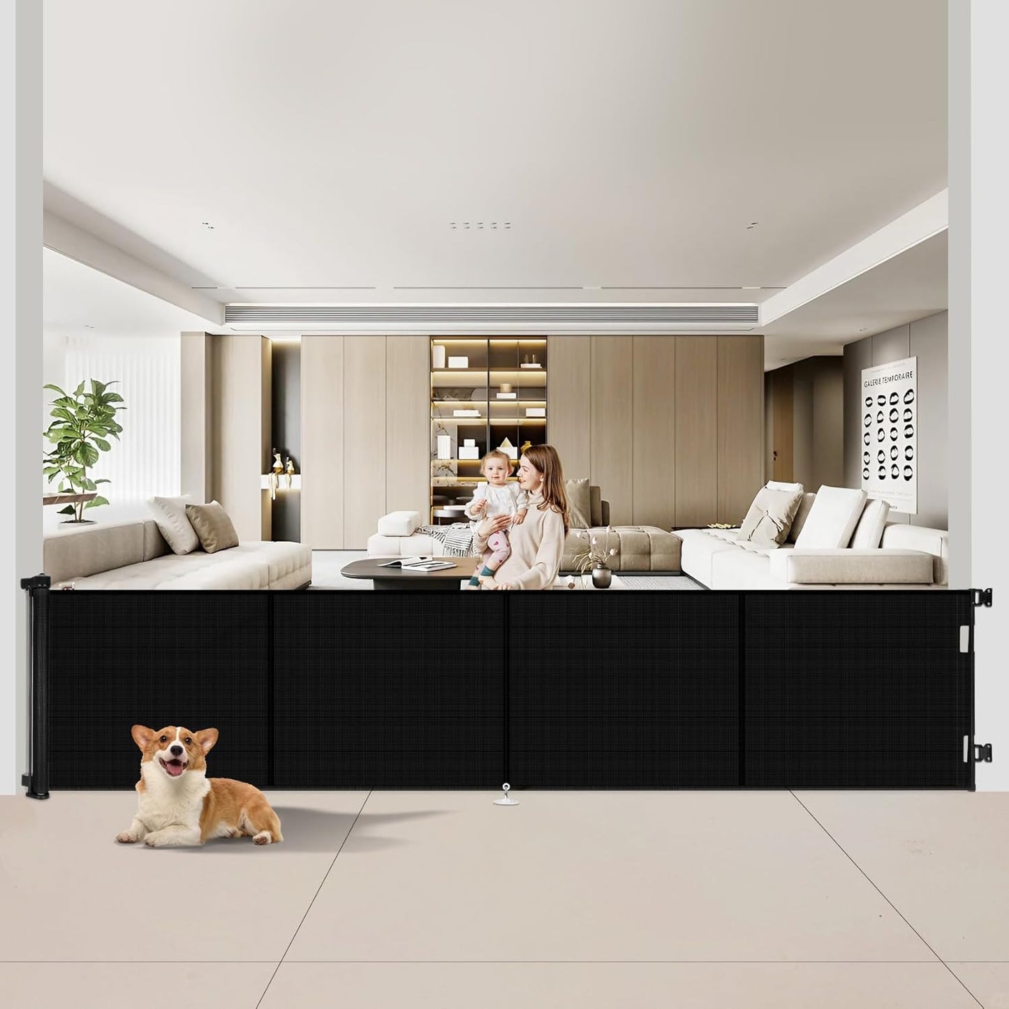 Miumoon retractable baby gate front view installed in a wide living room opening.