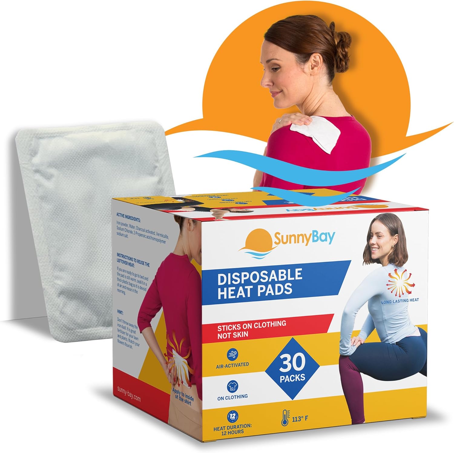 SunnyBay Adhesive Heat Patches 30 count box front view showing packaging for air activated pain relief pads.