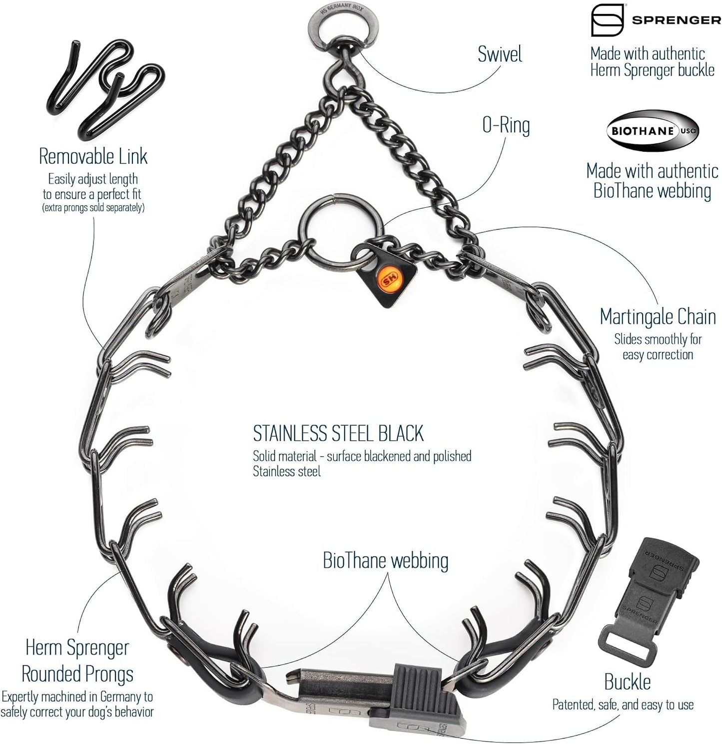 Herm Sprenger professional dog collar focusing on the durable United States made Biothane insert connection.