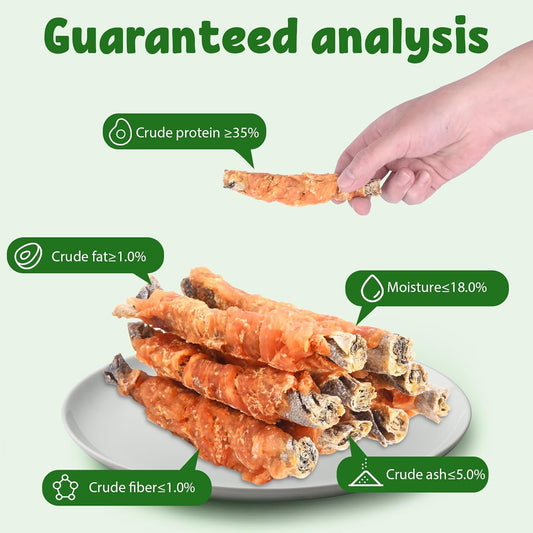 Close up of Pawant chicken and fish skin dog chew treat