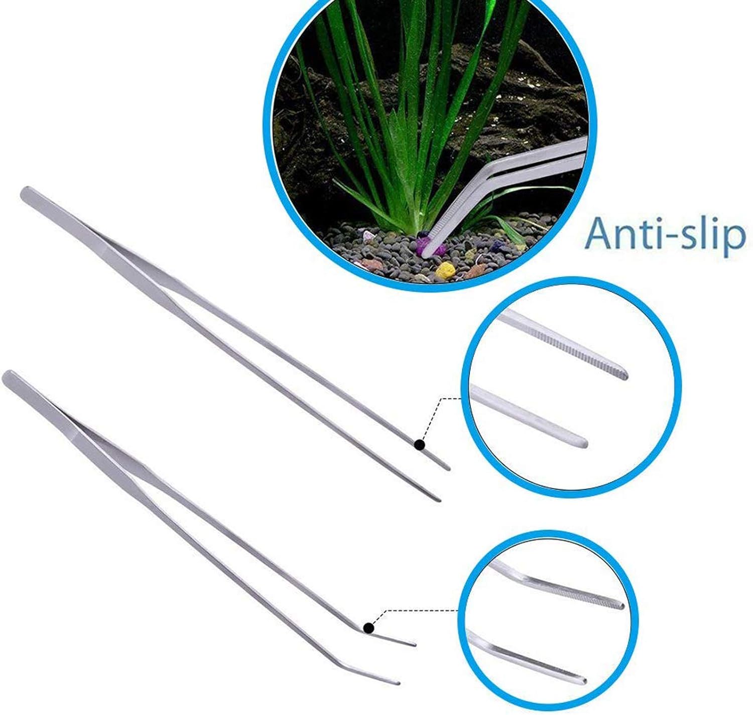 Fistoy long straight and curved tweezers for precise aquatic plant placement in a fish tank.