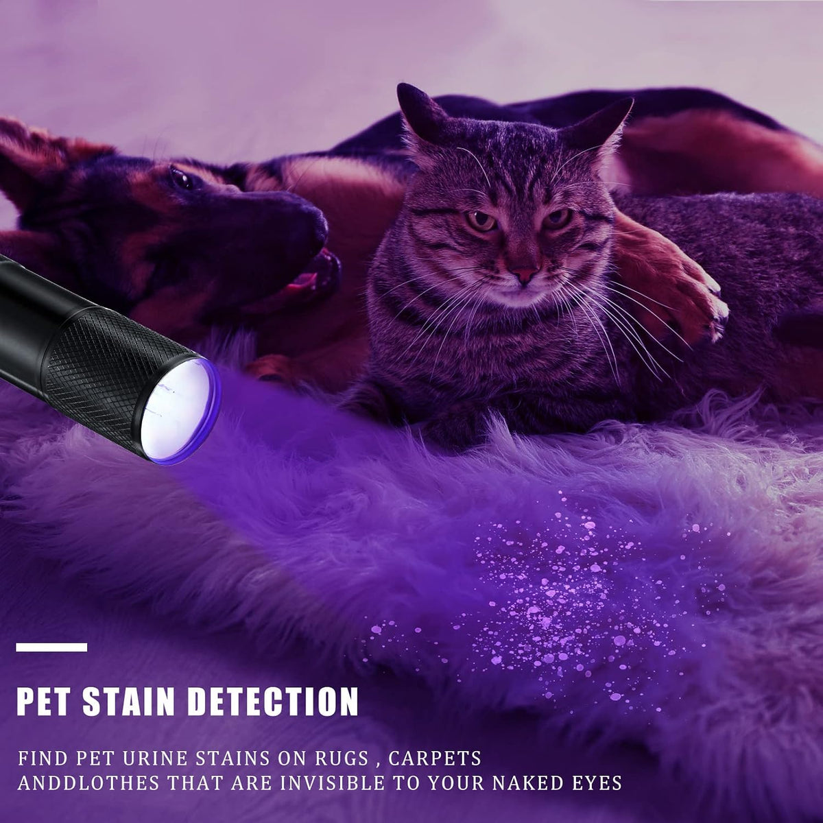 Hortsun ultraviolet detector torch revealing invisible organic spots on bedroom bed sheets.
