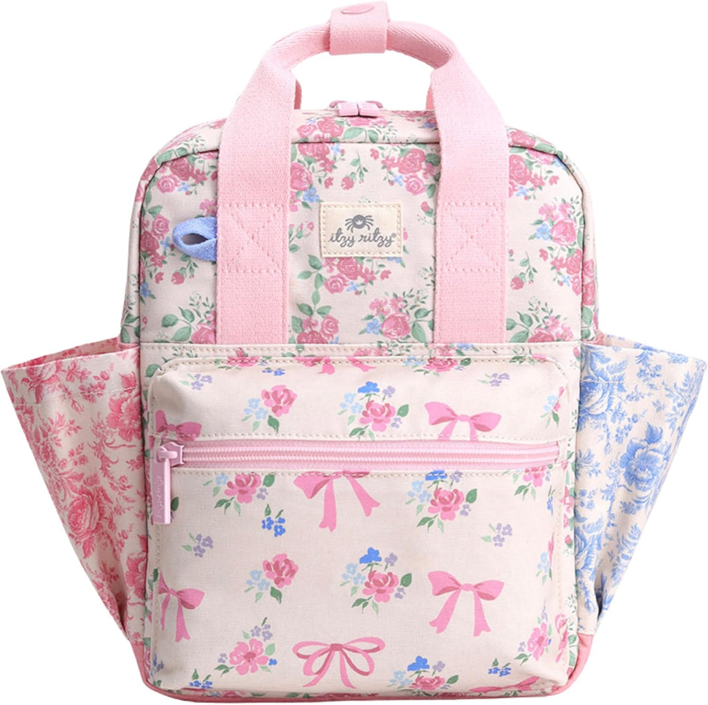 Itzy Ritzy toddler backpack front view in Ribbons and Roses floral print
