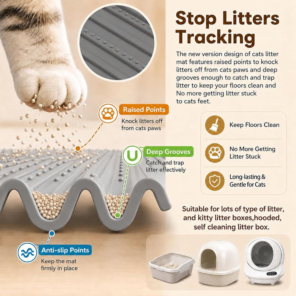 Extra large waterproof pet trapping rug pad placed under two kitty litter boxes