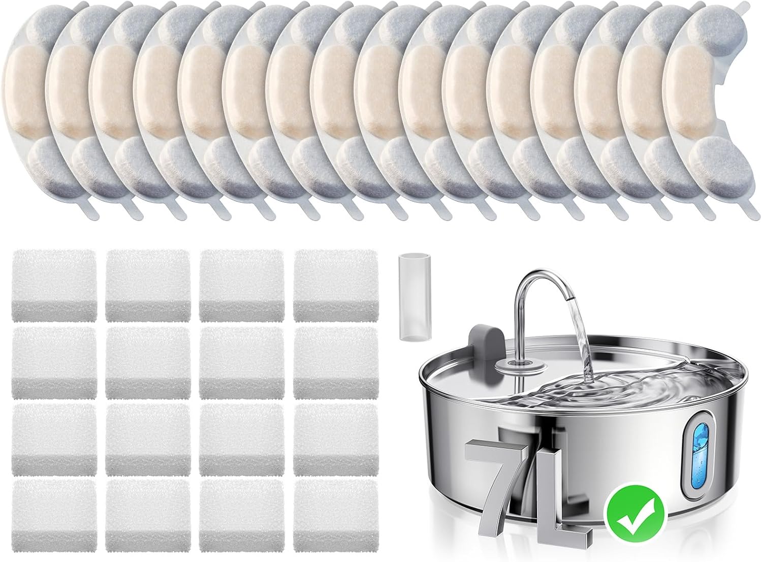 Packaging and included accessories for the Smartoo stainless steel pet fountain.