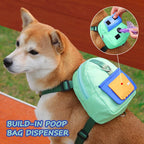 Green medium dog backpack showing adjustable straps and buckles