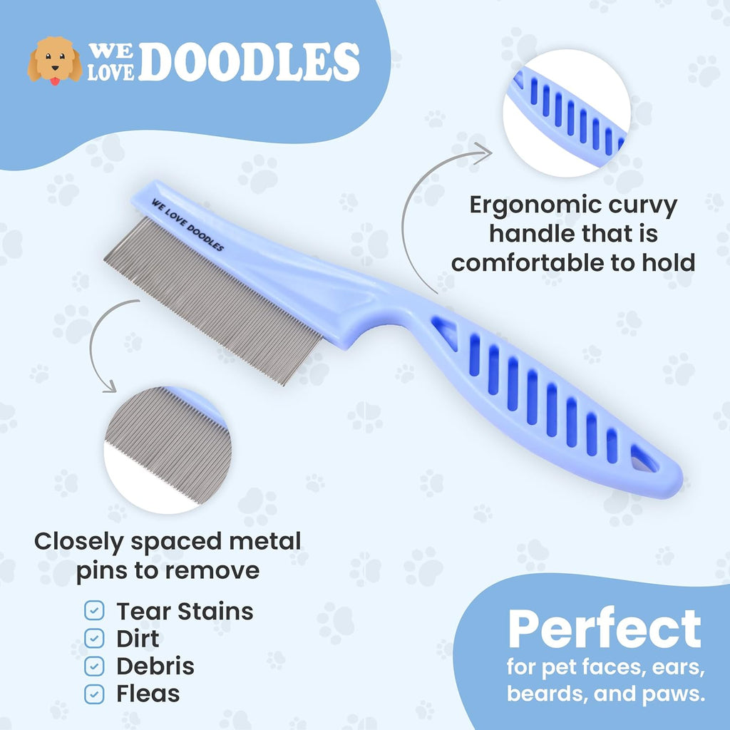 Close up of the fine tooth flea comb for dogs highlighting the tightly spaced stainless steel pins.