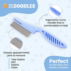 Close up of the fine tooth flea comb for dogs highlighting the tightly spaced stainless steel pins.