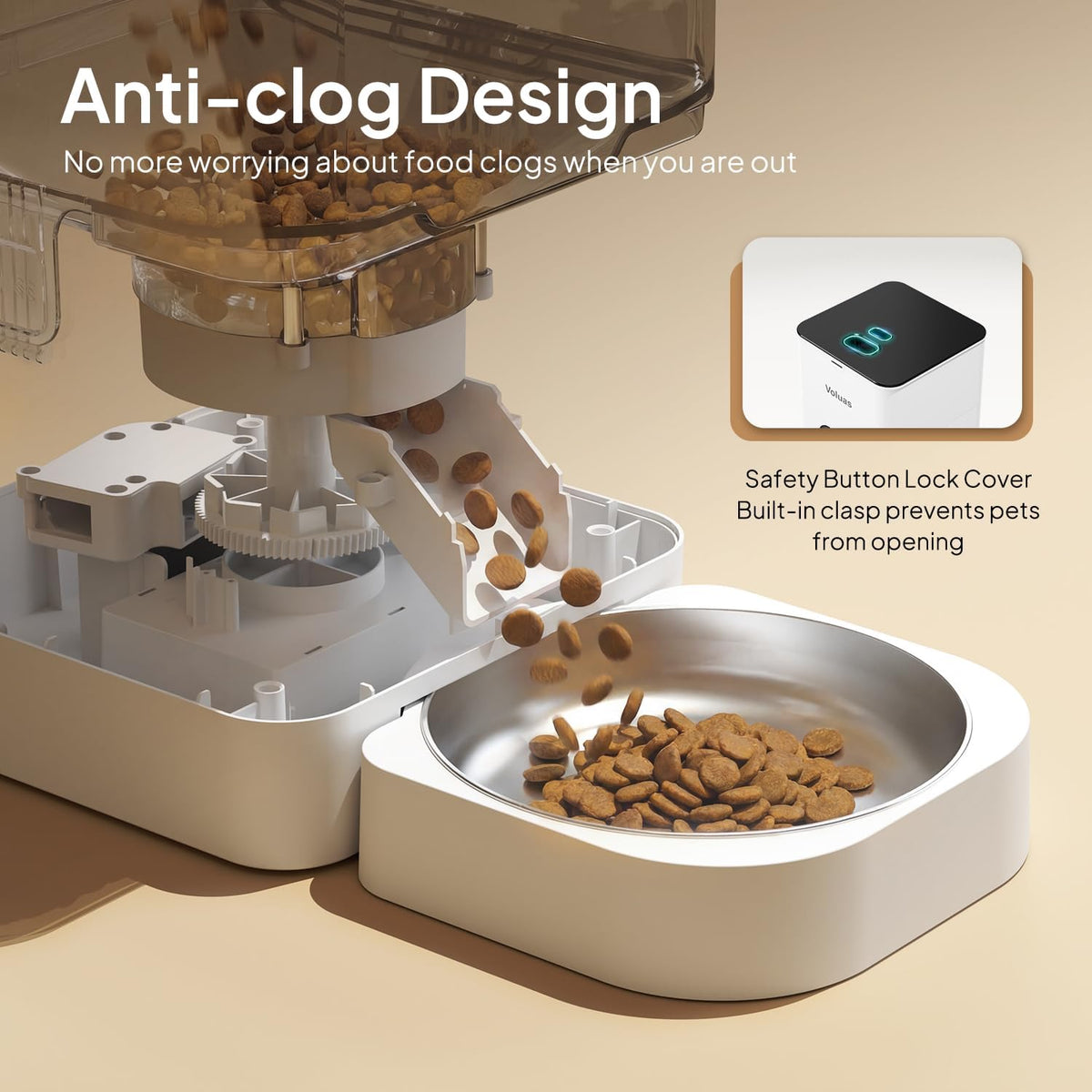 Liquid crystal display control panel on Voluas programmable timed pet feeder