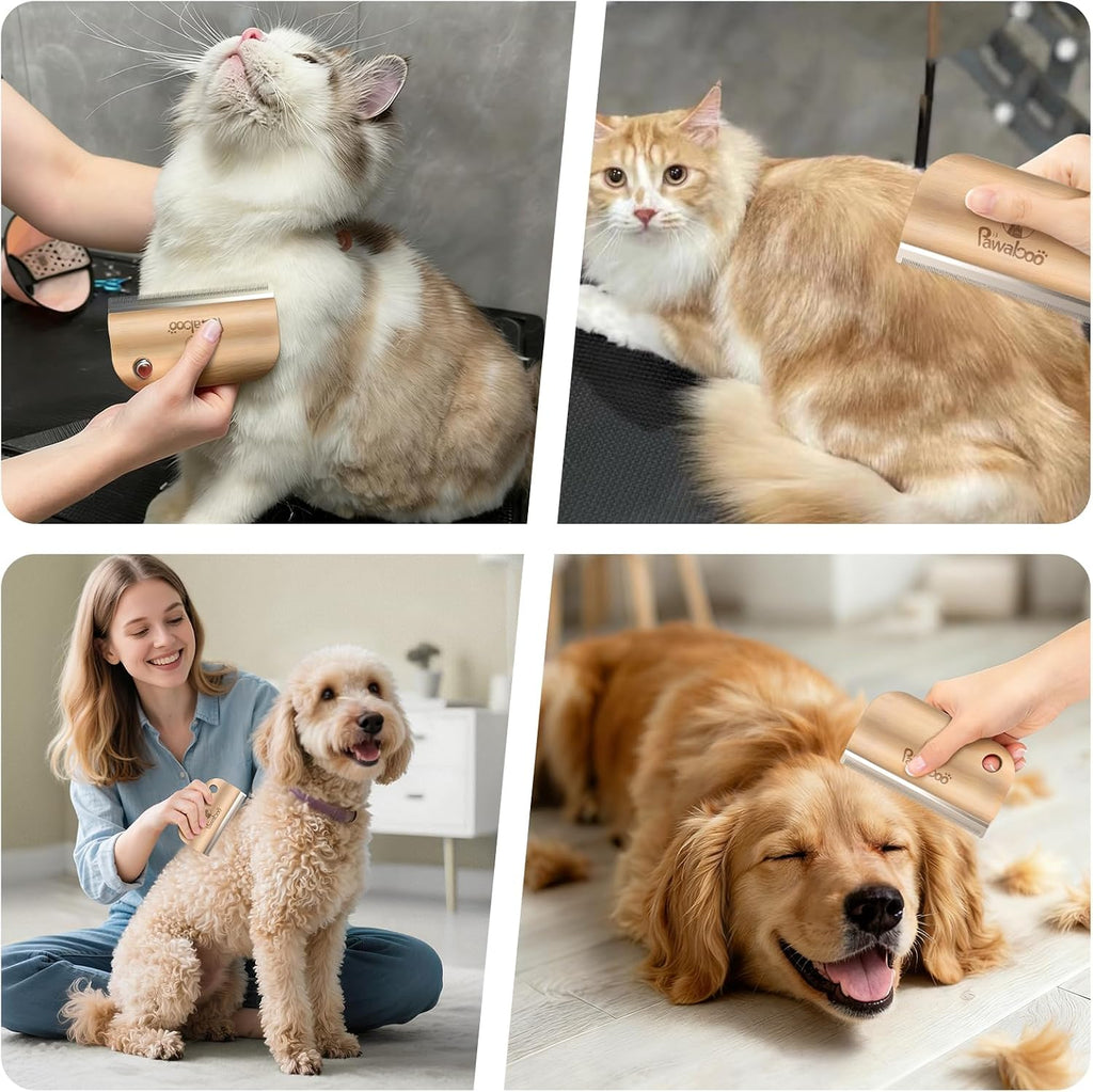 Premium packaging of the authentic USA imported Pawaboo deshedding tool for dogs and cats.
