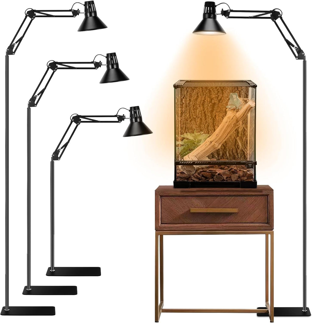 Dxoveen reptile lamp stand fully extended in a complete terrarium habitat setup.