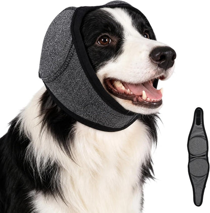 Generic noise protection dog ear cover front view on a small gray dog.