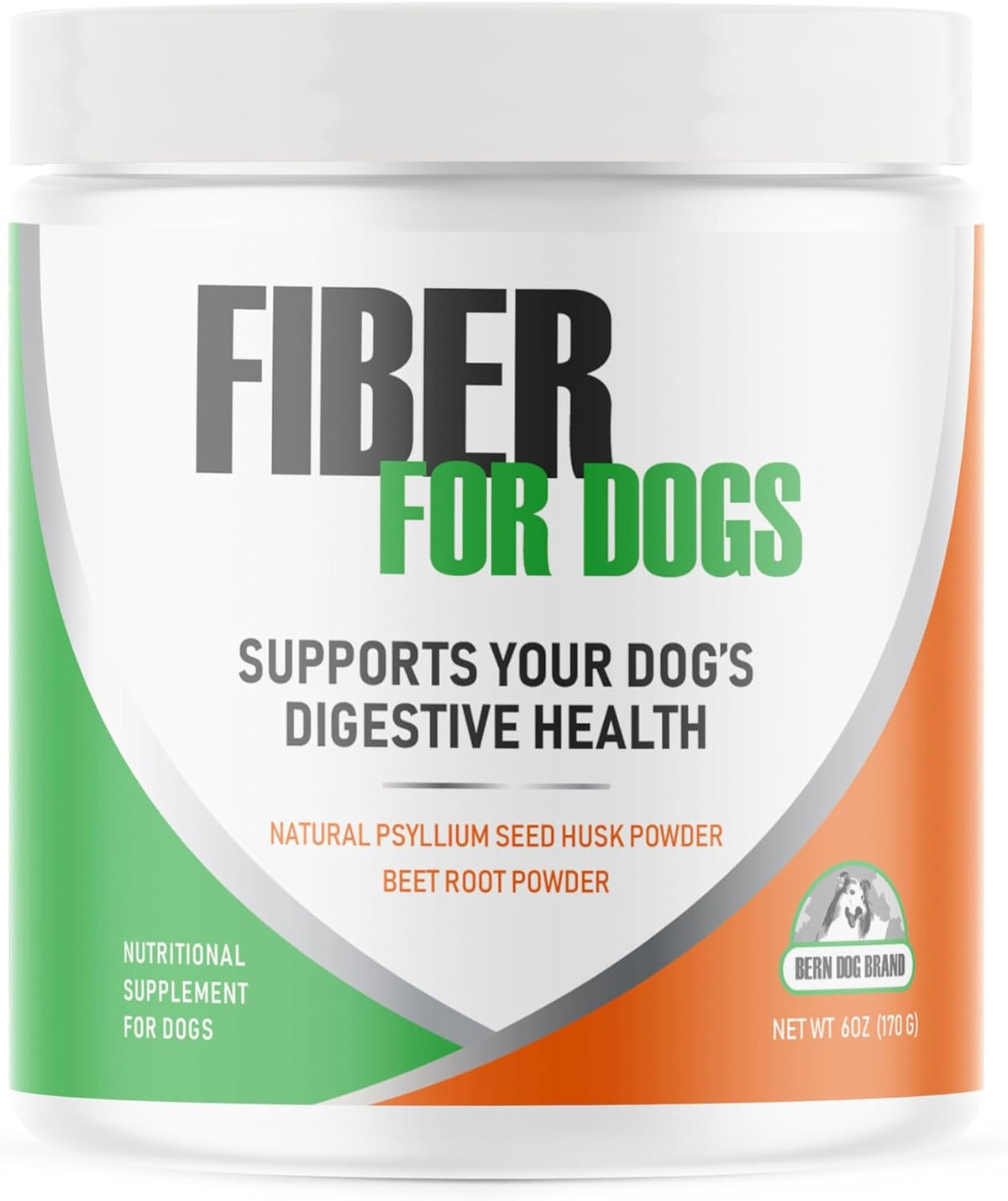 Side view of Bern Dog Brand fiber supplement bottle showing usage instructions