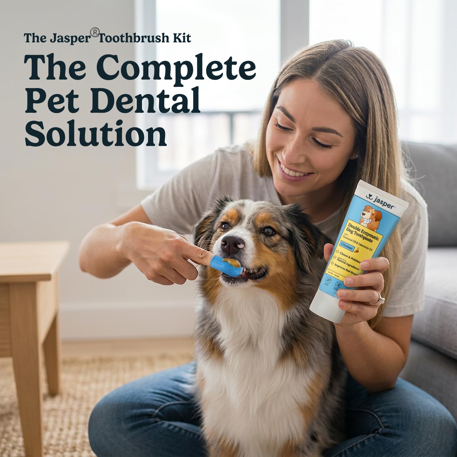 Jasper canine oral care set featuring the chicken flavored dog toothpaste for plaque removal.