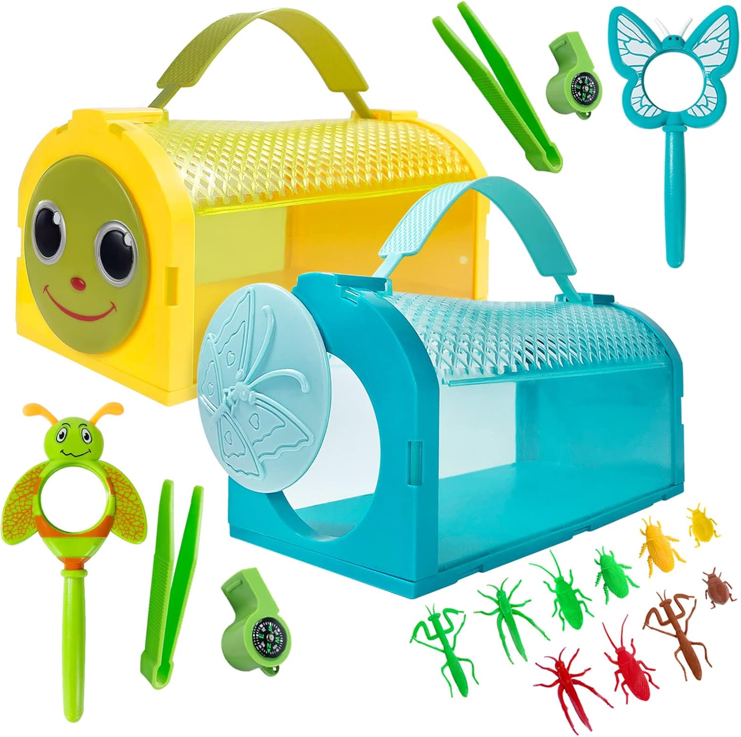 ESSENSON bug catcher kit front view featuring two teal critter cages with butterfly doors