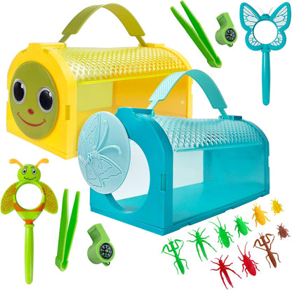 ESSENSON bug catcher kit front view featuring two teal critter cages with butterfly doors