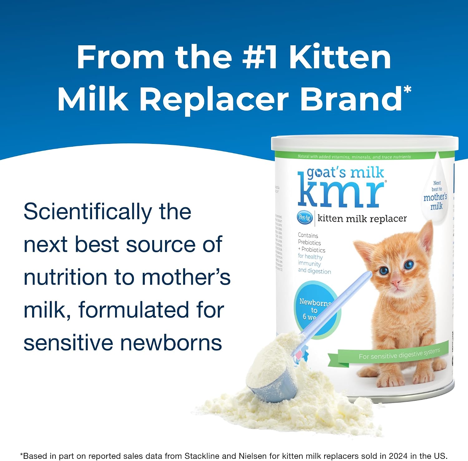 PetAg powdered kitten milk formula container showing prebiotics and probiotics labels