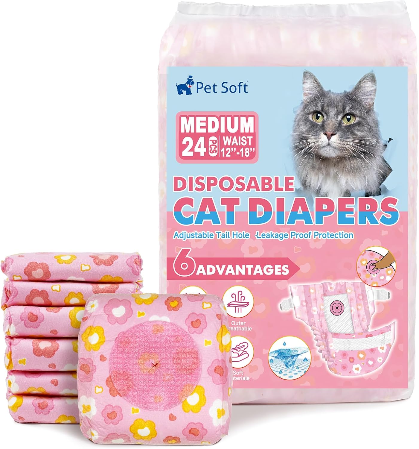 Pet Soft Disposable Cat Diapers - Diaper for Female & Male Cats, Puppy Doggie Diapers for Female Dogs with Adjustable Foam Tail Hole, Small (24Pcs, GN Flowers) - Image 11