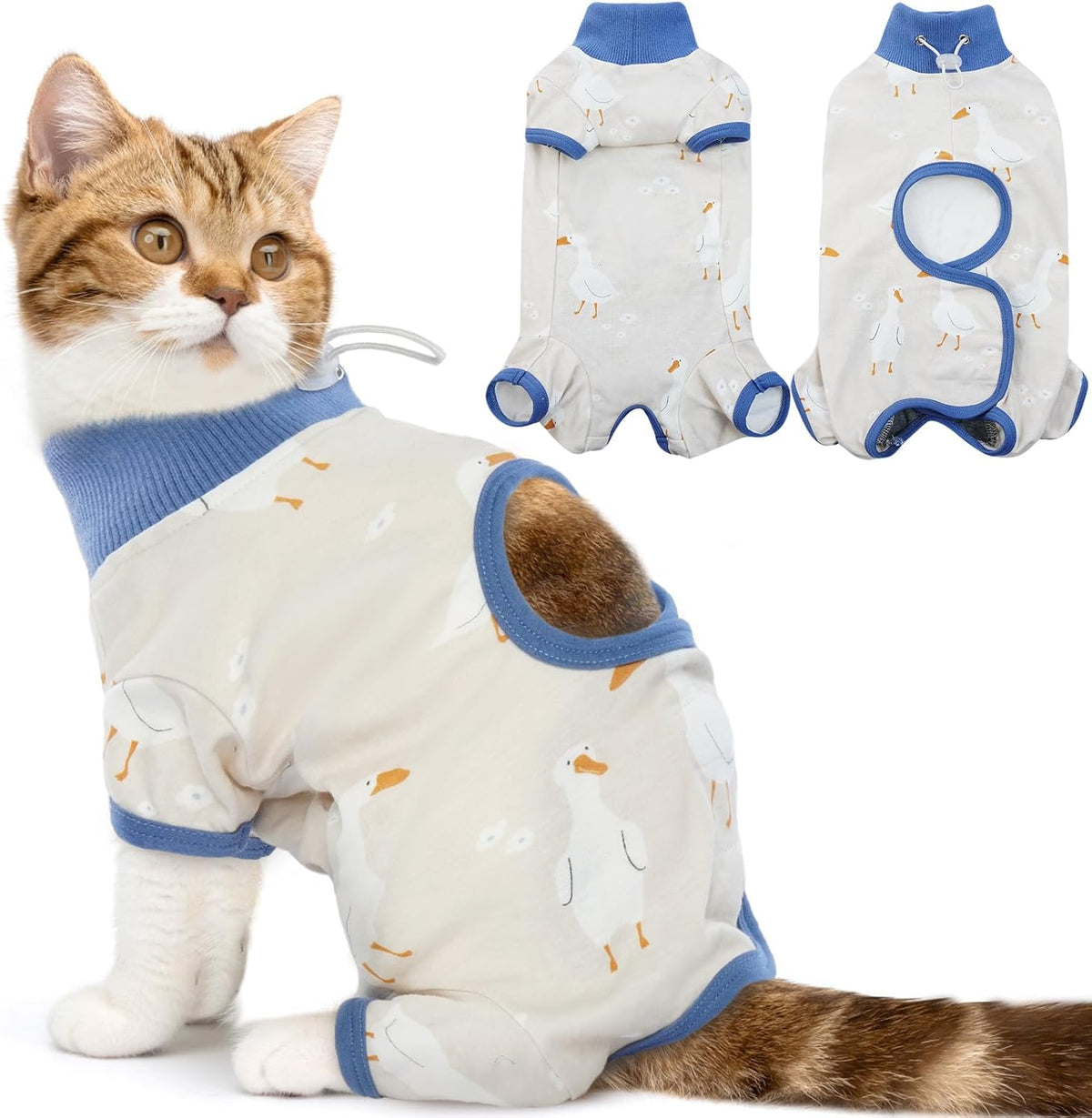 Dentrun cat surgery recovery suit front view blue pattern
