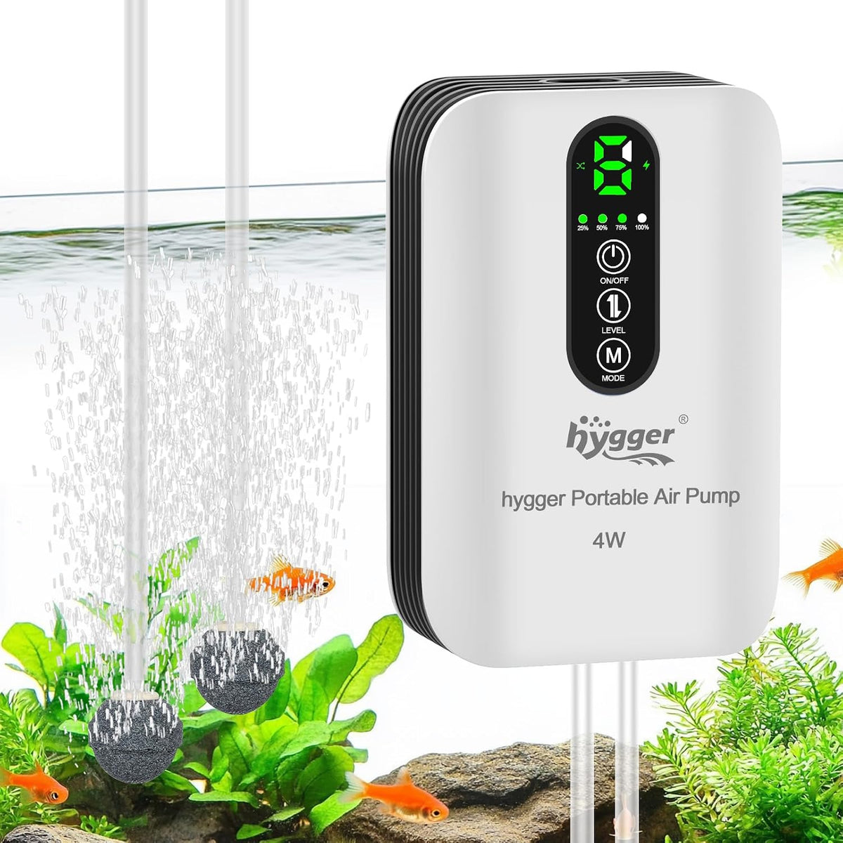 Hygger battery powered aquarium air pump front view with digital display