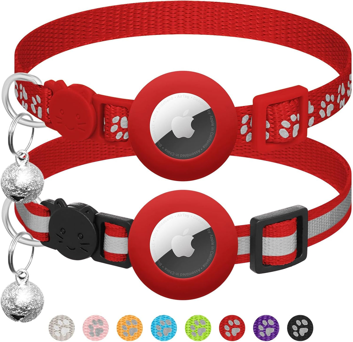 Waterproof silicone AirTag holder attached flat against a pink reflective pet collar band