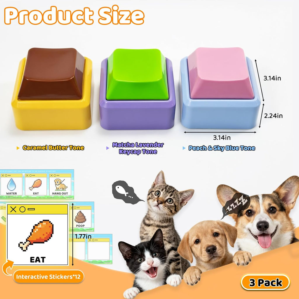 Three colored pet speech training buttons showing the mechanical keyboard key layout.