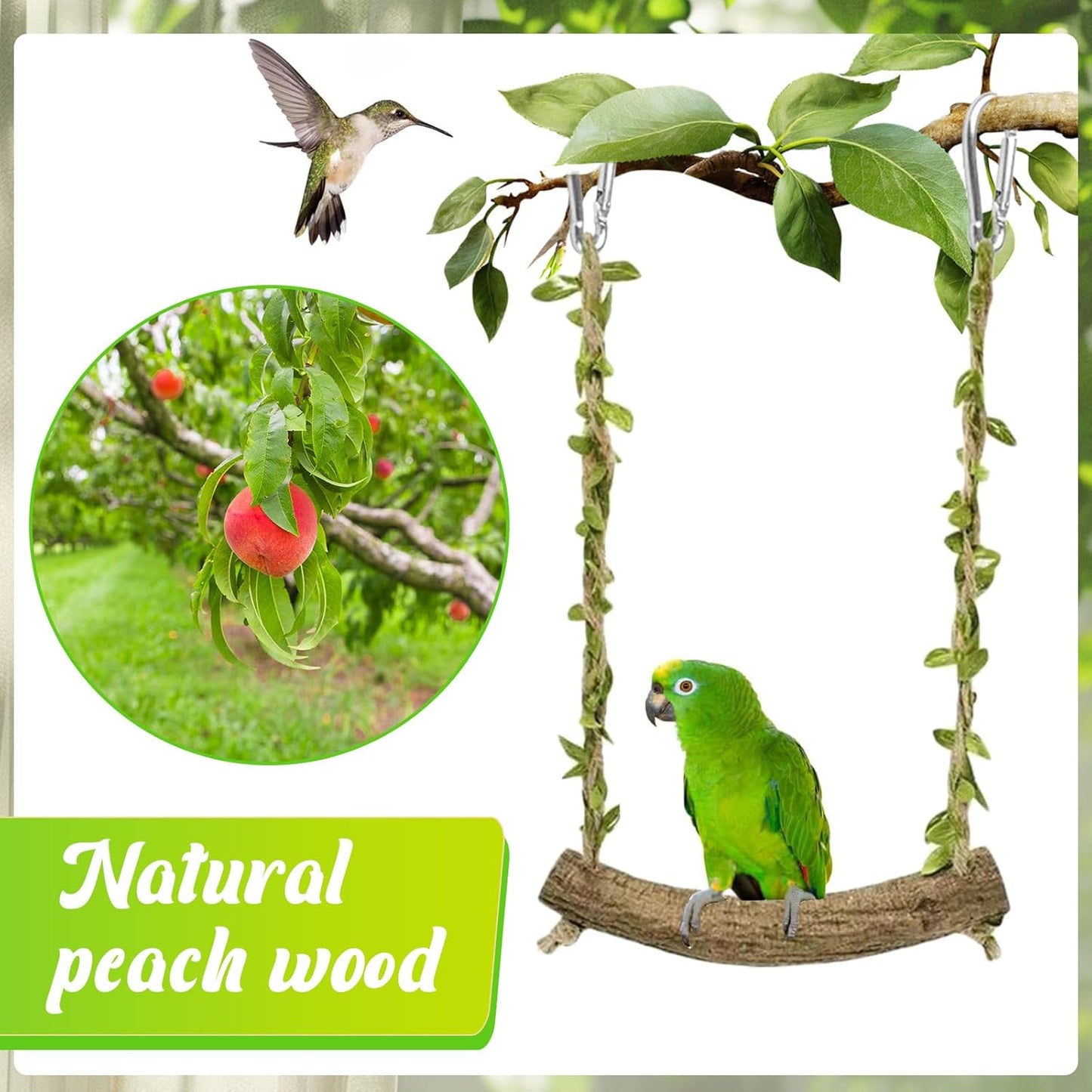Natural wood hanging budgie hammock perch accessory side view