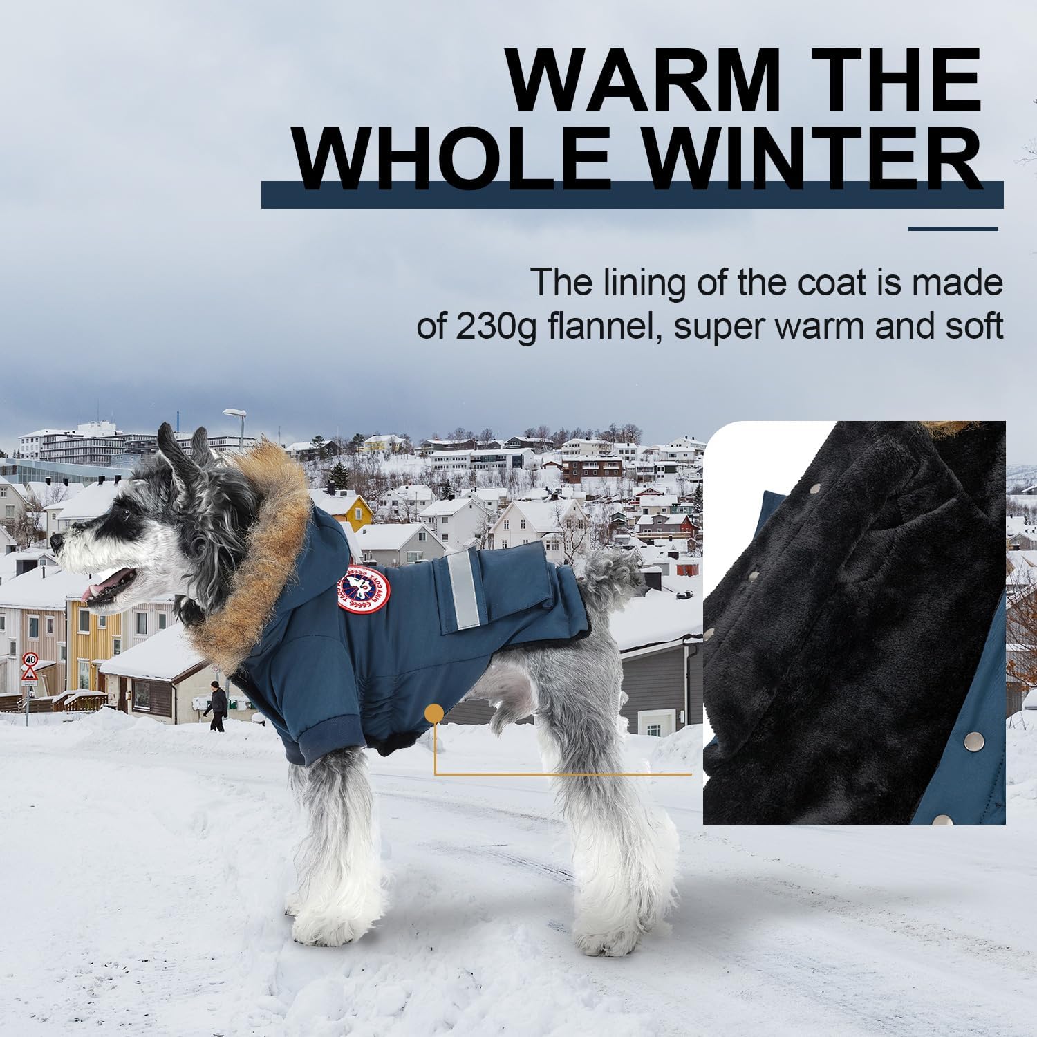 Waterproof puppy jacket showing the soft thermal flannel lining detail