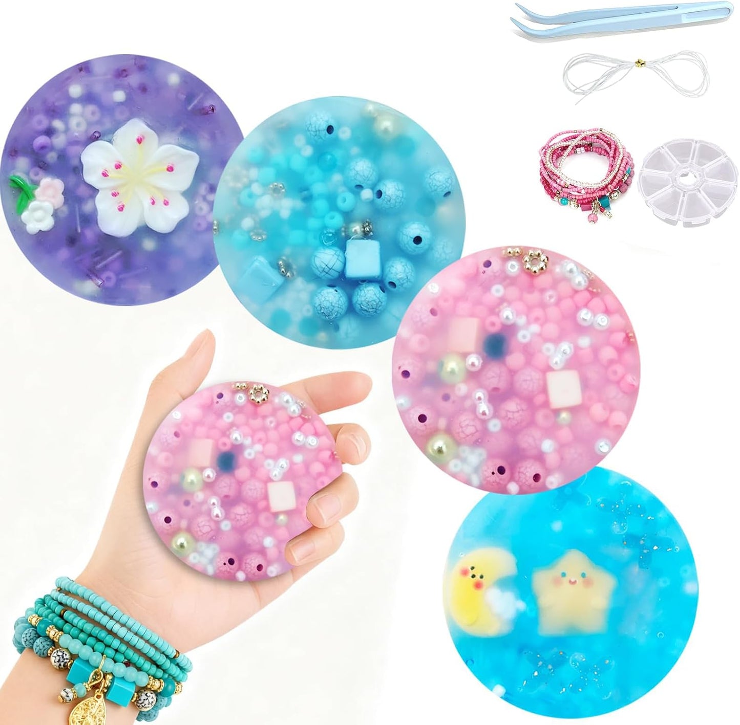 Pixnest Skin Picky Pads front view showing four colorful floral themed silicone sensory fidget toys with embedded beads.