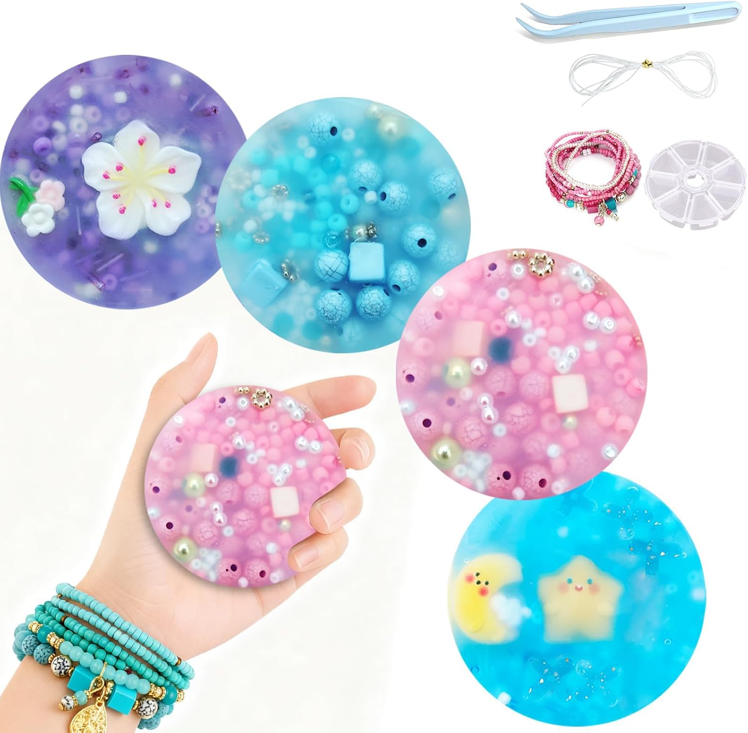 Pixnest Skin Picky Pads front view showing four colorful floral themed silicone sensory fidget toys with embedded beads.