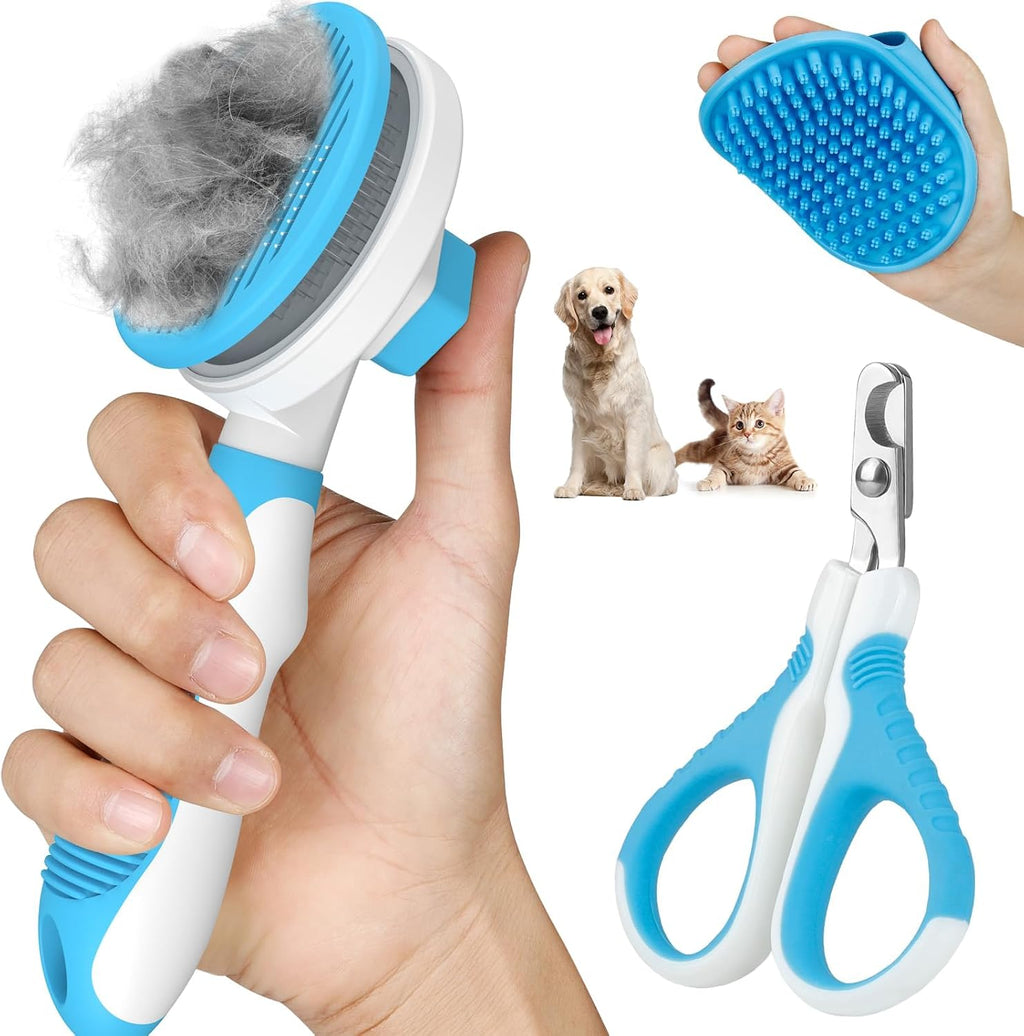 Comotech three pieces cat shedding tools front view showing grooming brush and nail trimmer.
